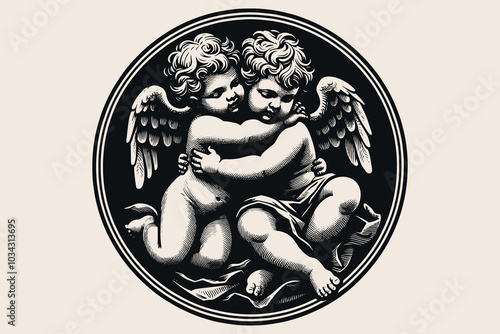 Two little cupid angels hug together Love and romance. vintage engraving vector illustration, emblem, logo. Black and white