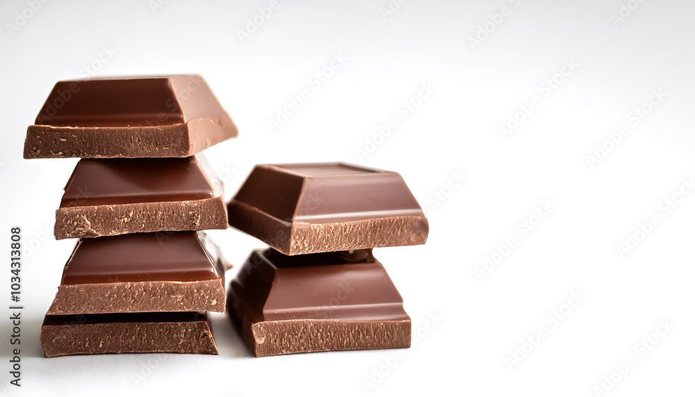 Milk chocolate pieces pattern with side position provides copy space for text. background concept isolated white Milk chocolate pieces pattern with side position provides copy space for text. background concept isolated white