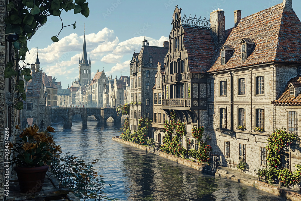 Fototapeta premium Scenic riverside view of historic architecture in a quaint town