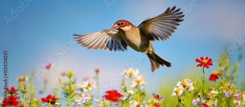 A finch flying over a meadow filled with wildflowers its wings wide open as it soars against a bright blue sky