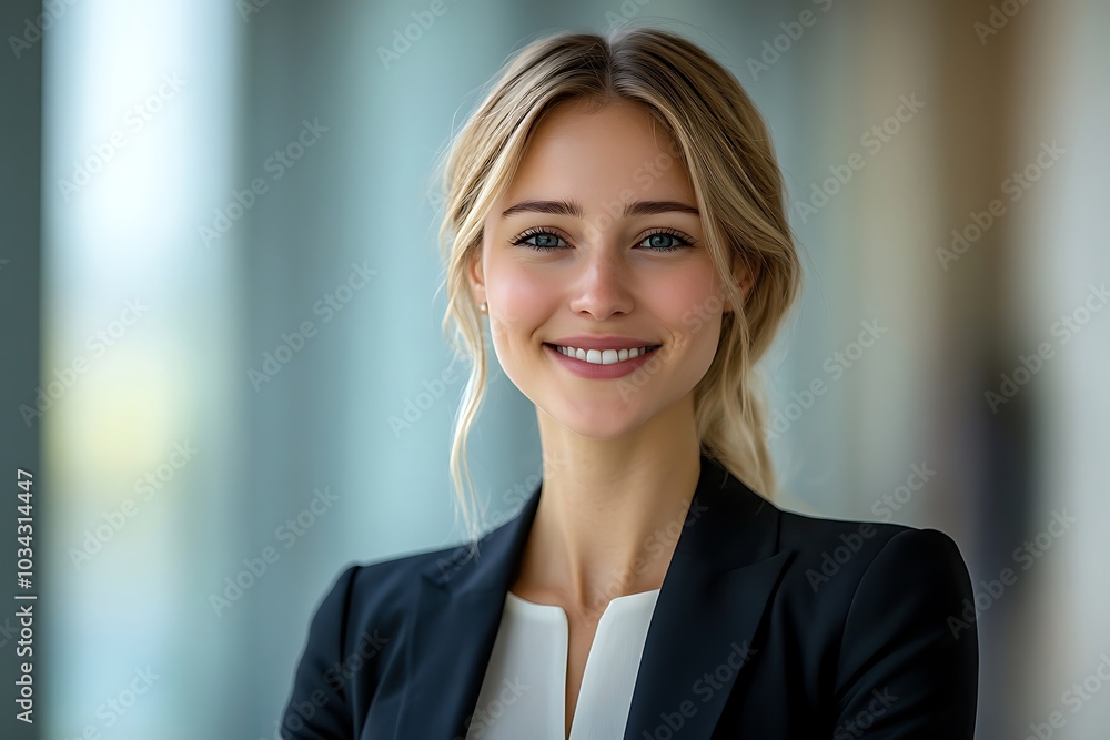 Smiling Blonde Businesswoman in Modern Office with Blurred Background Smiling Blonde Businesswoman in Modern Office with Blurred Background