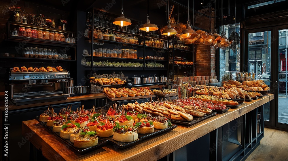 Vibrant tapas bar scene with artfully arranged basque pintxos on rustic wooden countertop. Colorful ingredients and ambient lighting create an inviting atmosphere