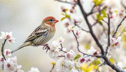 A finch hopping along the branches of a flowering tree its wings tucked close to its body as it moves through the blossoms