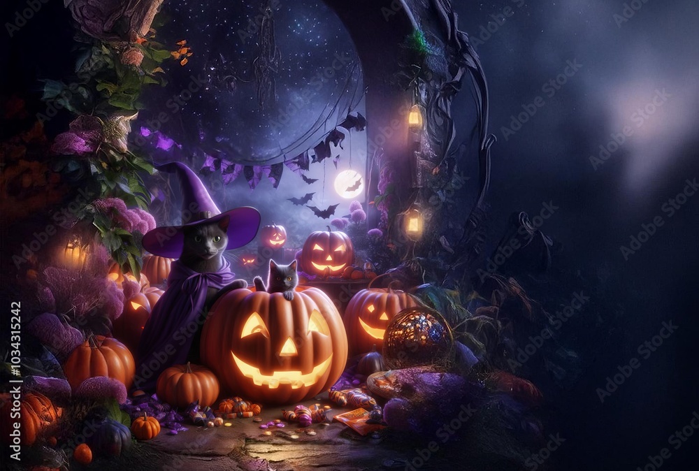 Naklejka premium A large Halloween pumpkin with a witch cat in a dark garden with Halloween treats.