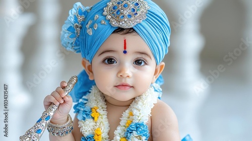 A photostock images of a serene baby Krishna holding a flute, background clean white High Quality