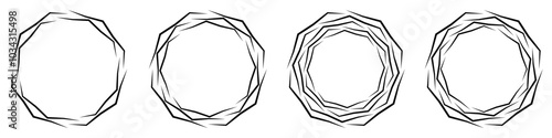 Abstract geometric design in circle shape with spiral lines. Radial rotating shape. Set of four geometric shapes forming a circular shape with irregular lines.