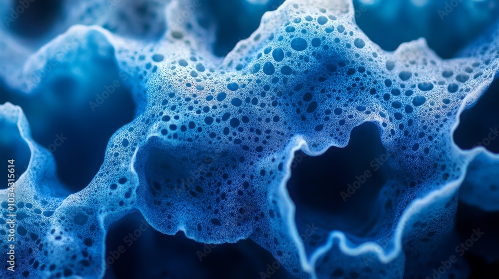 Close-up macro shot of a blue porous sponge, suitable for background use. Close-up macro shot of a blue porous sponge, suitable for background use.
