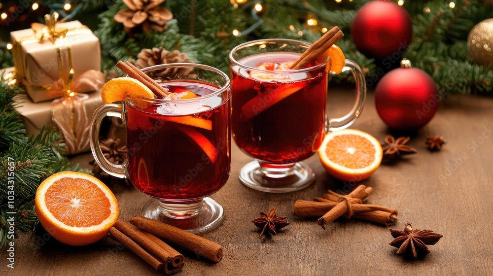 Two glass mugs filled with a warm spiced drink sit next to orange slices and cinnamon sticks, surrounded by glowing candles and festive greenery, creating a cozy atmosphere Two glass mugs filled with a warm spiced drink sit next to orange slices and cinnamon sticks, surrounded by glowing candles and festive greenery, creating a cozy atmosphere