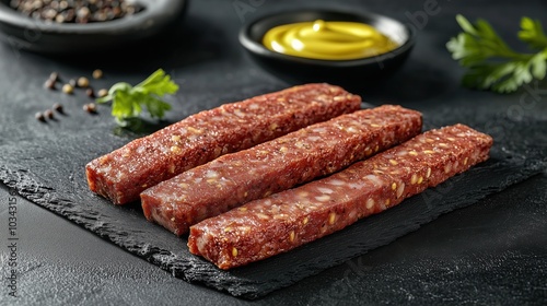 three long thin salami sticks on dark slate surface food photography