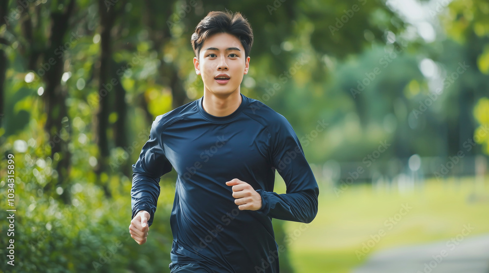 Energetic young Asian man jogging in a green park on a sunny day Energetic young Asian man jogging in a green park on a sunny day