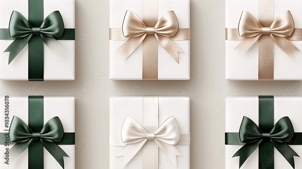 Five stylish white gift boxes tied with dark green ribbons sit neatly arranged, perfect for a festive celebration or special occasion Five stylish white gift boxes tied with dark green ribbons sit neatly arranged, perfect for a festive celebration or special occasion