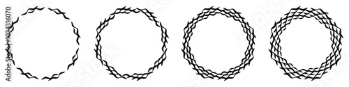 Abstract geometric design in circle shape with spiral lines. Radial rotating shape. Set of four round decorative borders with increasing complexity.
