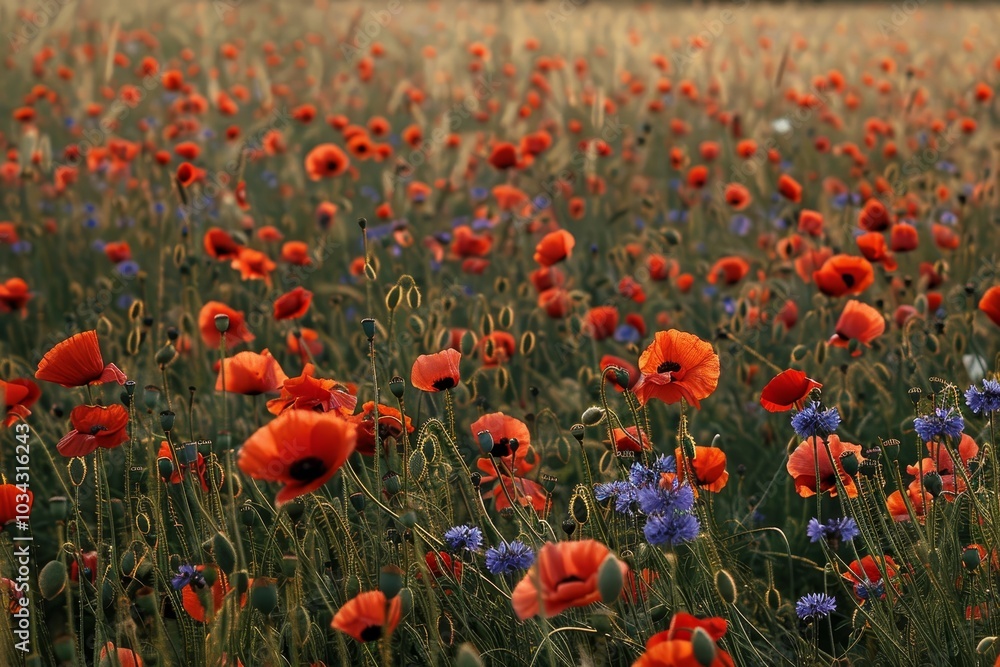 Obraz premium A colorful expanse of poppies and cornflowers blooms in a tranquil rural setting, illuminated by the warm light of the evening sun. Nature's beauty unfolds in this floral paradise.