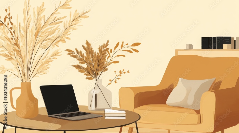 Fototapeta premium Cozy remote work setup: armchair, coffee table, laptop, and dry plants in a vase against a light background. 