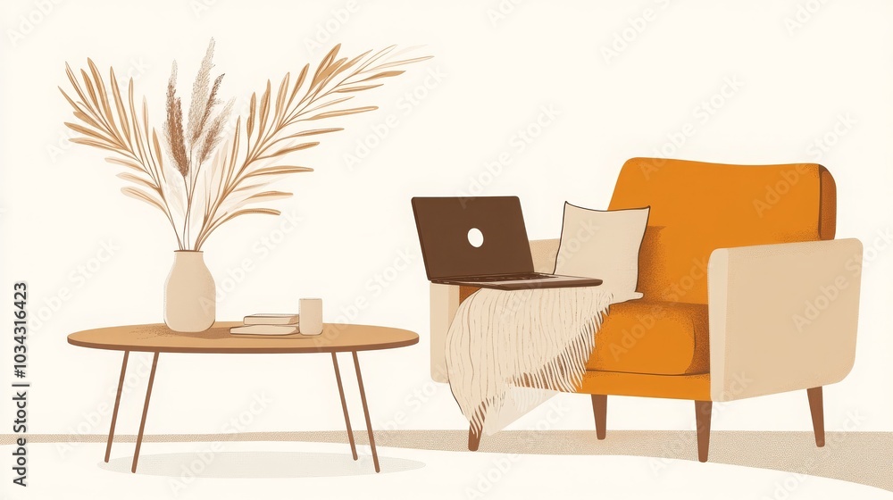 Fototapeta premium Cozy remote work setup: armchair, coffee table, laptop, and dry plants in a vase against a light background.