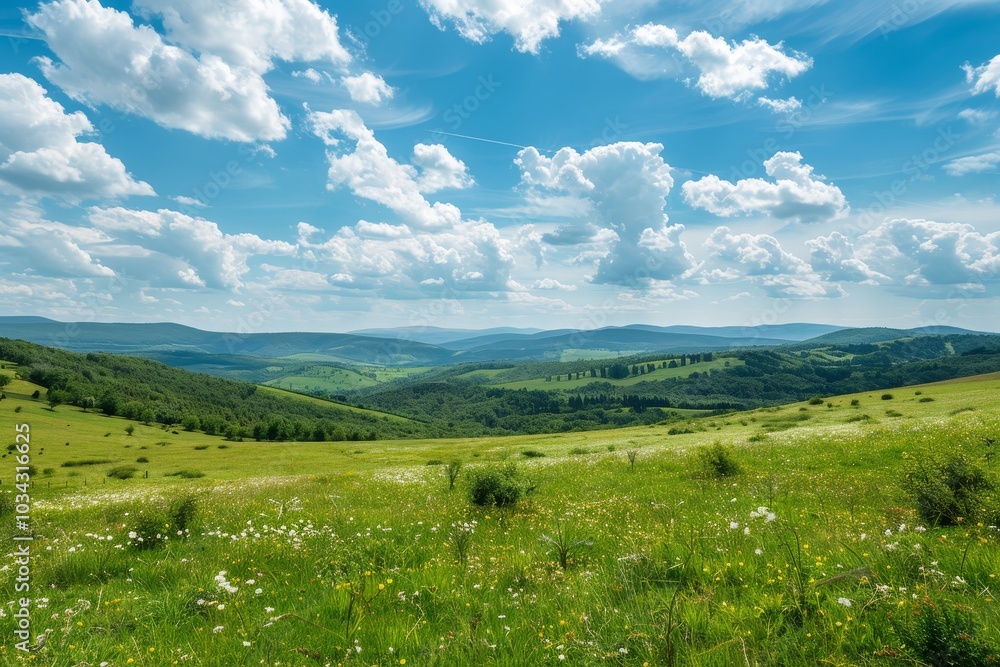 A lush green meadow stretches across the landscape, framed by distant hills and a vibrant blue sky filled with fluffy clouds, creating a tranquil outdoor scene. A lush green meadow stretches across the landscape, framed by distant hills and a vibrant blue sky filled with fluffy clouds, creating a tranquil outdoor scene.