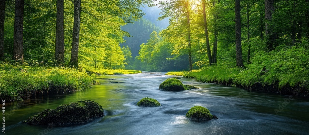 Fototapeta premium Serene River Flowing Through Lush Forest