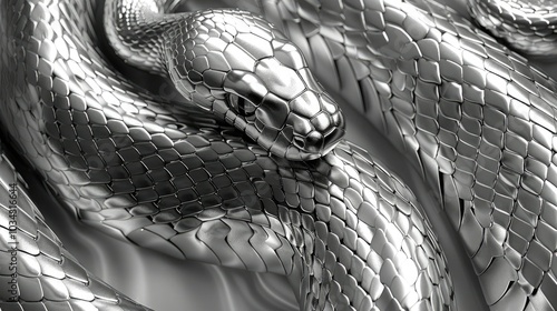 Close up of a shiny sparkling silver snake with scales that sparkle with a metallic shine. Perfect for backgrounds, nature themes or luxury themes. photo