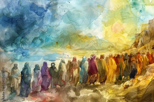 A crowd of people dressed in traditional clothing gathers along the riverbank, gazing at the sunset over the mountains, creating a tranquil and colorful atmosphere.