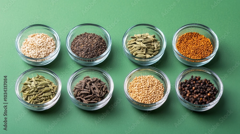 Different seeds--cumin, fennel, mustard, and sesame--displayed in seven glass bowls on a green background - Different seeds--cumin, fennel, mustard, and sesame--displayed in seven glass bowls on a green background -