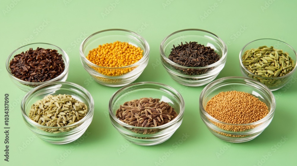 Different seeds--cumin, fennel, mustard, and sesame--displayed in seven glass bowls on a green background - Different seeds--cumin, fennel, mustard, and sesame--displayed in seven glass bowls on a green background -