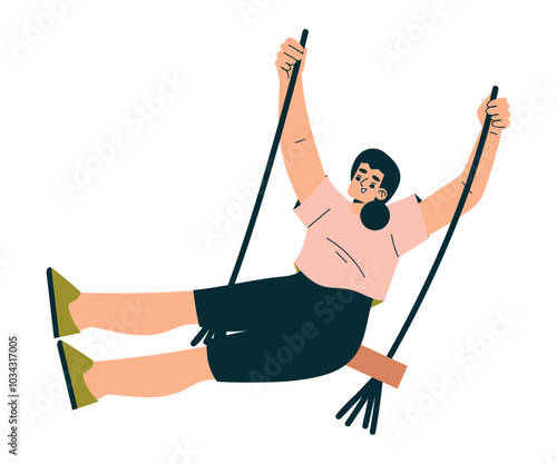 Woman Character on Swing Hang with Rope Enjoy Recreation Vector Illustration