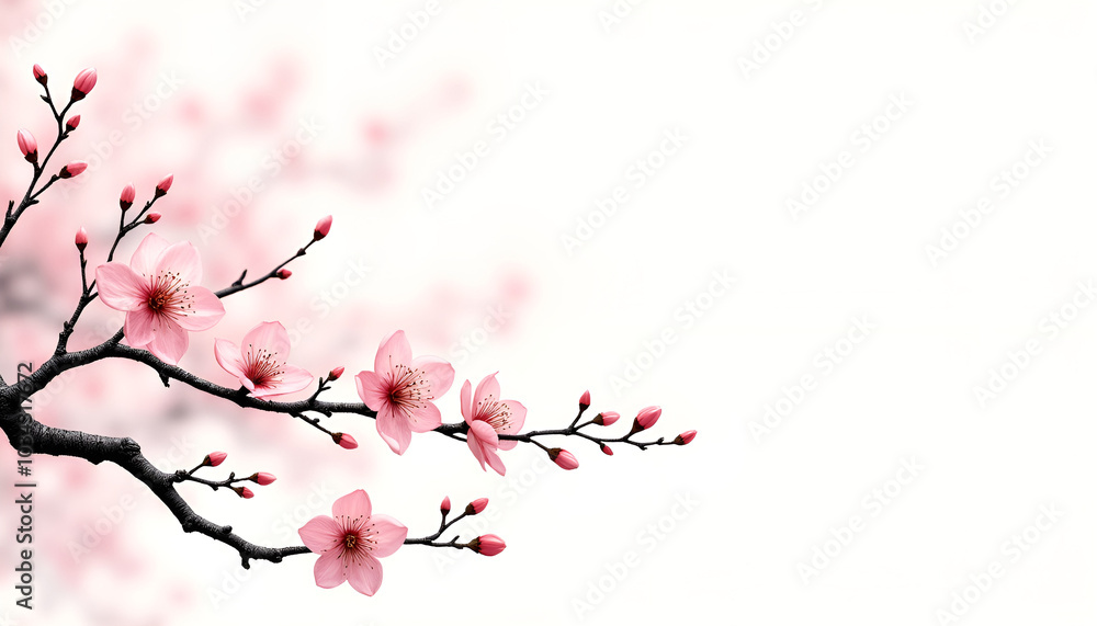 Delicate cherry blossom branch in full bloom with soft pink flowers against a white background Delicate cherry blossom branch in full bloom with soft pink flowers against a white background