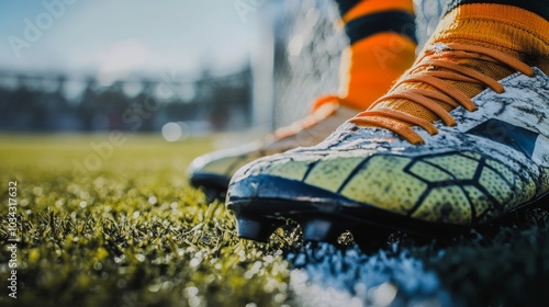 Close-up of soccer shin guards and cleats lying on the sideline, symbolizing the intensity and physicality of the sport. photo