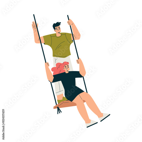 Man and Woman Character on Swing Hang with Rope Enjoy Recreation Vector Illustration