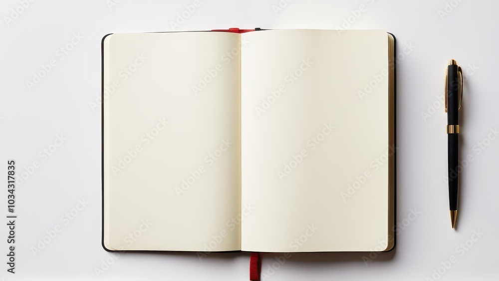 Blank Notebook with Black and Red Pen on a White Surface Blank Notebook with Black and Red Pen on a White Surface