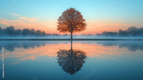  reflection of the morning sky on a perfectly still lake