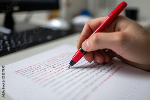 Hand holding a red pen, making corrections on a document. photo