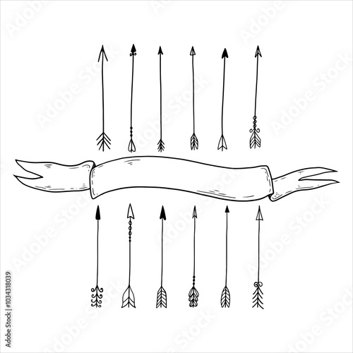 a set of different doodle arrows with ribbon. sketches of bow arrows
