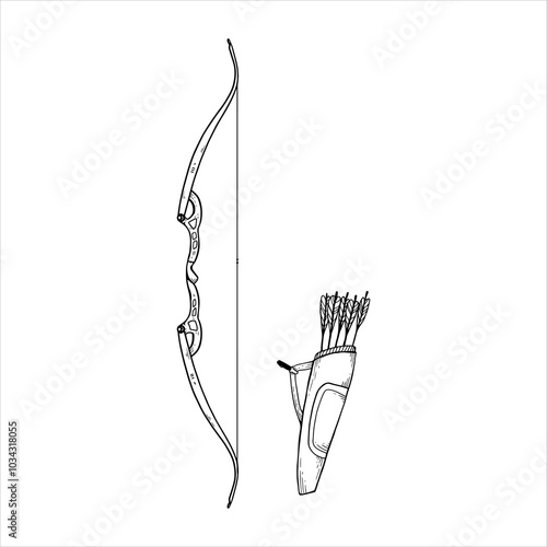 classic bow and quiver with arrows. barebow sketch. Doodle sports compound bow and arrow