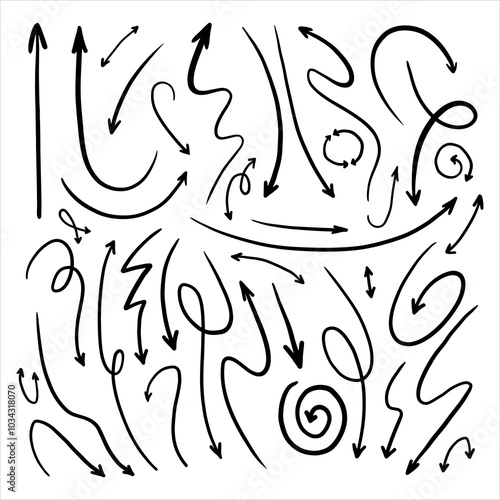 different doodle arrows drawn by hand. arrows of different shapes.