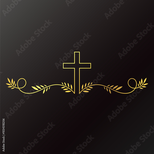 Golden Christian cross with leaves pattern