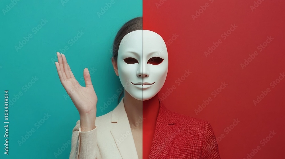 Woman Wearing White Mask in Red and Blue Background. Woman Wearing White Mask in Red and Blue Background.