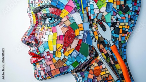 Design an intricate, colorful mosaic, featuring crafting tools and vibrant stickers, forming an abstract human head photo