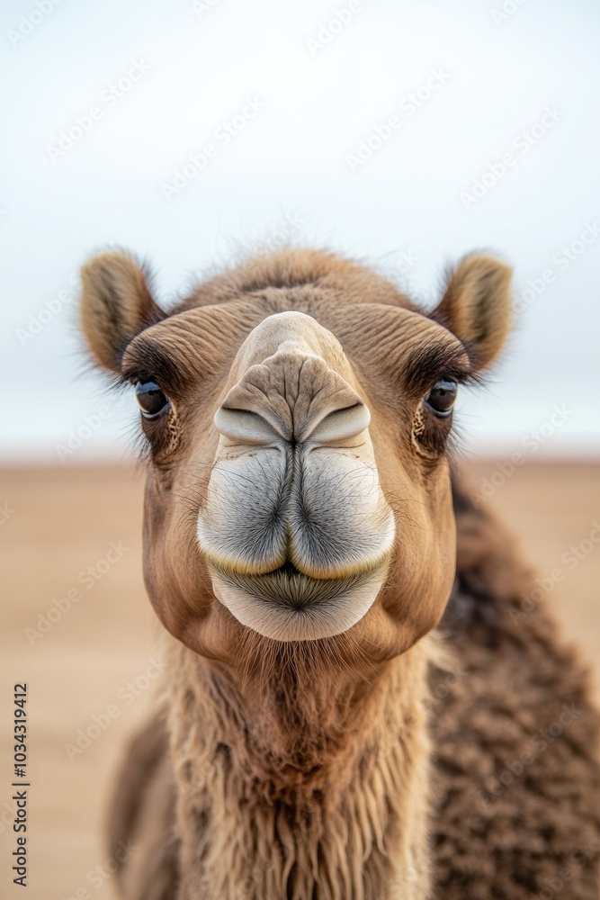 Obraz premium Close-up of a camel's face with soft fur and curious expression in a desert environment