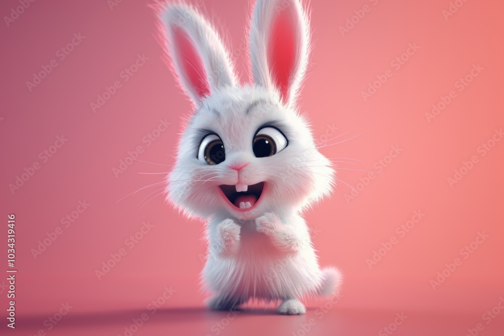 Naklejka premium A Close-Up of a White Bunny with Pink Ears Smiling on a Pink Background