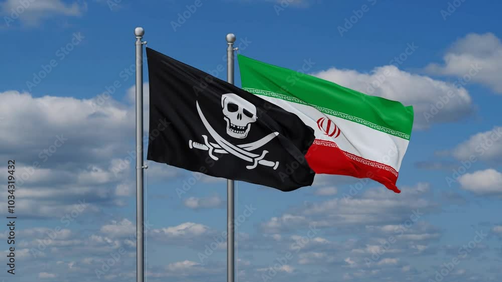 Iran and Corsair two flags waving together on blue , video concept of the relationship Iran and Corsair two flags waving together on blue , video concept of the relationship