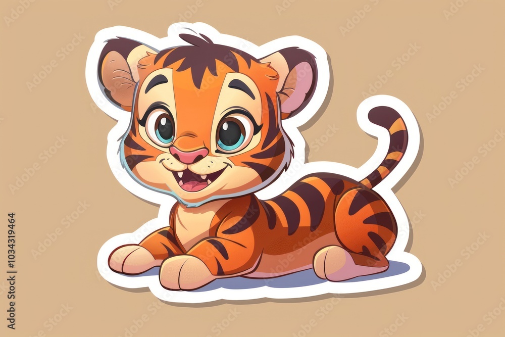 Cartoon Illustration of a Smiling Tiger Cub Lying Down Cartoon Illustration of a Smiling Tiger Cub Lying Down