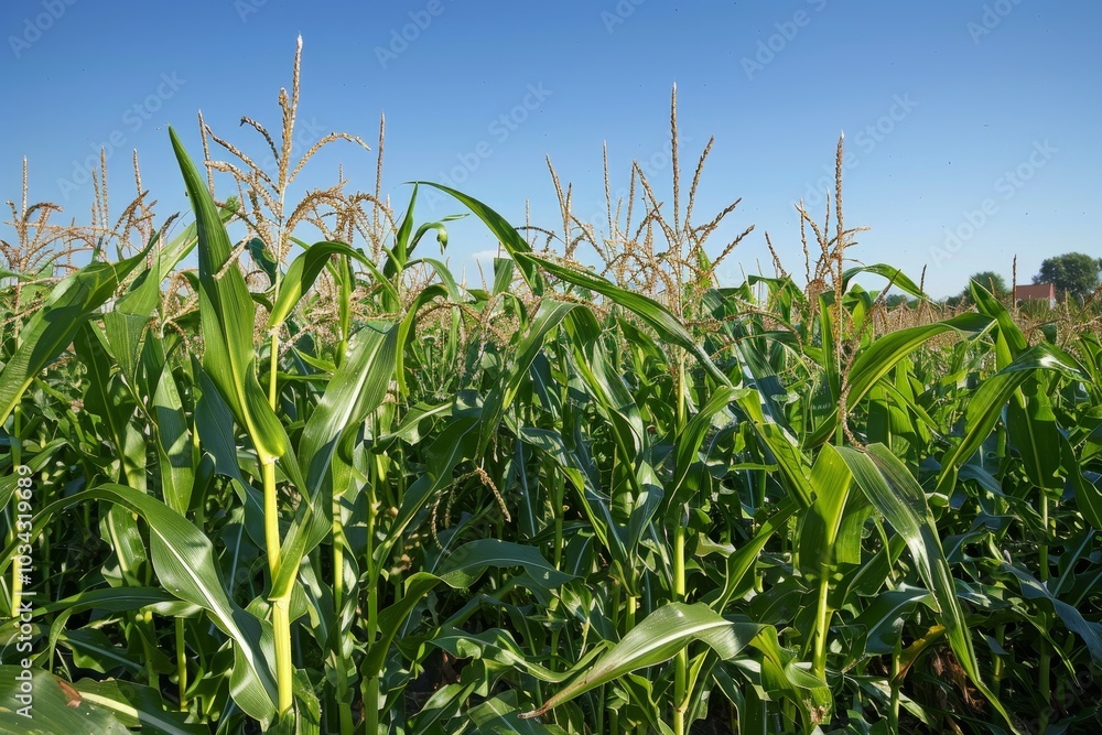 Lush green corn plants sway gently in the breeze, reaching towards a bright blue sky on a warm summer day, showcasing the growth of plants ready for harvest. Lush green corn plants sway gently in the breeze, reaching towards a bright blue sky on a warm summer day, showcasing the growth of plants ready for harvest.
