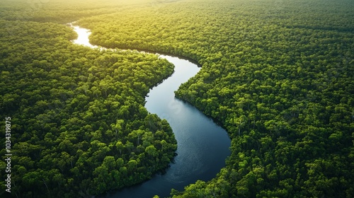 Aerial View of a Meandering River through a Forest.