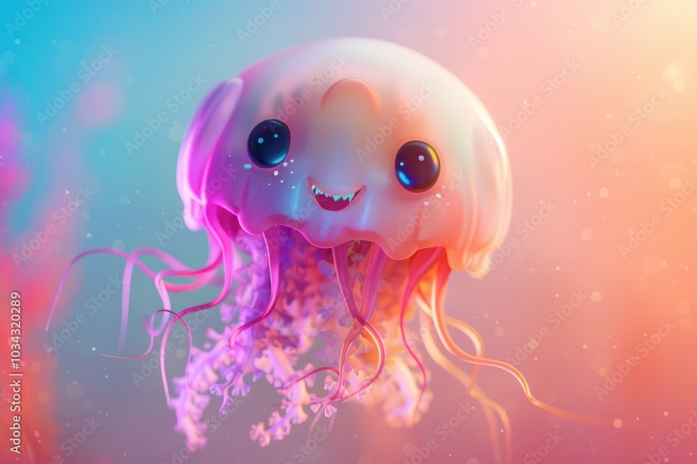 A Smiling Cartoon Jellyfish in a Colorful Underwater Scene A Smiling Cartoon Jellyfish in a Colorful Underwater Scene
