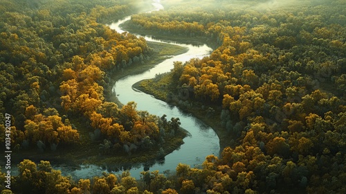 Aerial View of a Meandering River through a Forest.