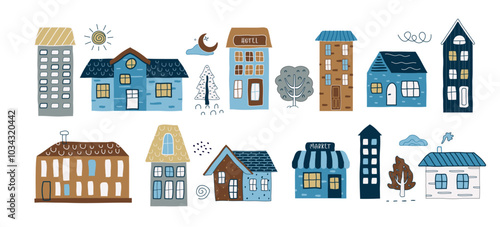 A winter cute set of hand-drawn houses. trendy, graphic buildings in a flat, minimalist style. for print, banners, postcards, business ideas. fashionable, vector art  illustration in cartoon style.
