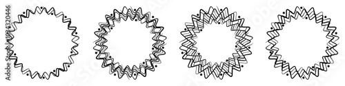Abstract geometric design in circle shape with spiral lines. Radial rotating shape. Set of four round decorative borders featuring wavy lines and dots.
