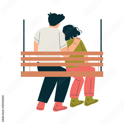 Man and Woman Character on Swing Bench Hang with Rope Enjoy Recreation Vector Illustration