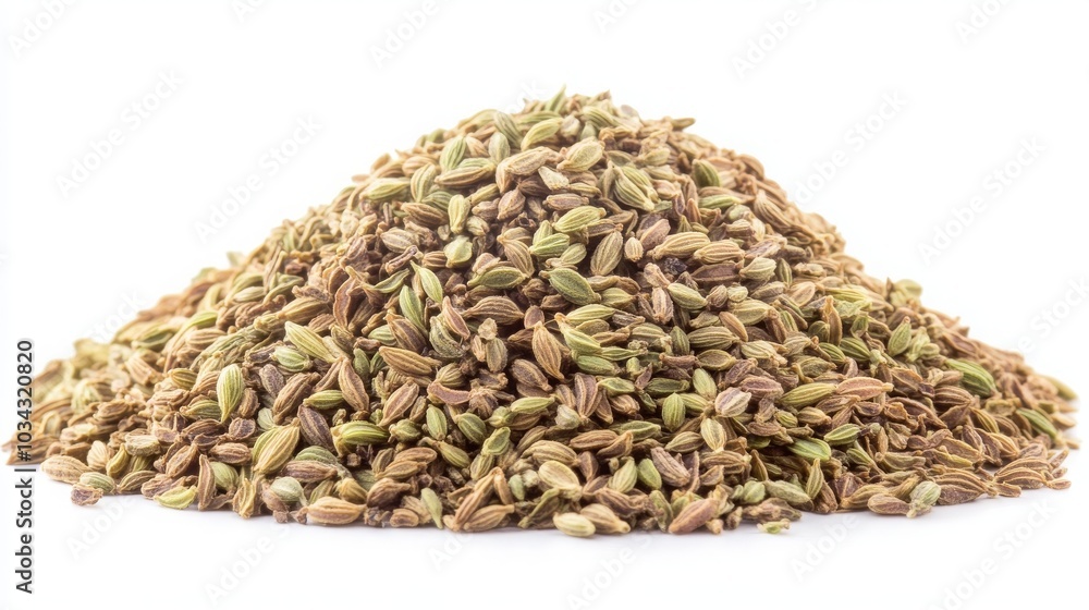 Pile of dry fennel seeds (sounf) isolated on a white background, a closeup view. -- Pile of dry fennel seeds (sounf) isolated on a white background, a closeup view. --